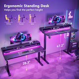 OffiGo Gaming Standing Desk with LED Light, 55 Inch Electric Height Adjustable Table with Power Outlet & Monitor Stand, Sit Stand Computer Workstation for Home, Bedroom, Black OffiGo