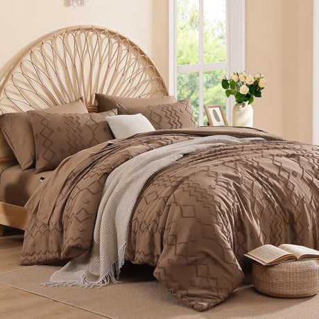 AMBERSPACE King Size Comforter Set Brown, Tufted Geometric Boho Bedding Farmhouse Bed Set, All Season 7 Pieces Bed in a Bag with Sheets, Pillowcases & Shams AMBERSPACE