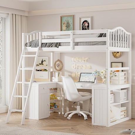 Merax Twin Size Loft Bed with Desk, Wooden Loft Bed Frame with Drawers, Cabinet, Shelves, and Desk, No Box Spring Needed, White Merax