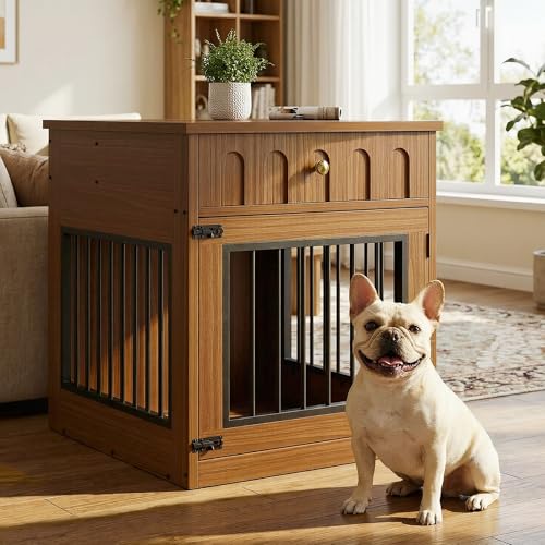 IRONCK Dog Crate Furniture, Wooden Dog Crate with Drawer and Flip-Top Storage, Indoor Dog House End Table for Small Breeds, for Living Room, Bedroom, Walnut IRONCK