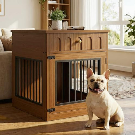 IRONCK Dog Crate Furniture, Wooden Dog Crate with Drawer and Flip-Top Storage, Indoor Dog House End Table for Small Breeds, for Living Room, Bedroom, Walnut IRONCK