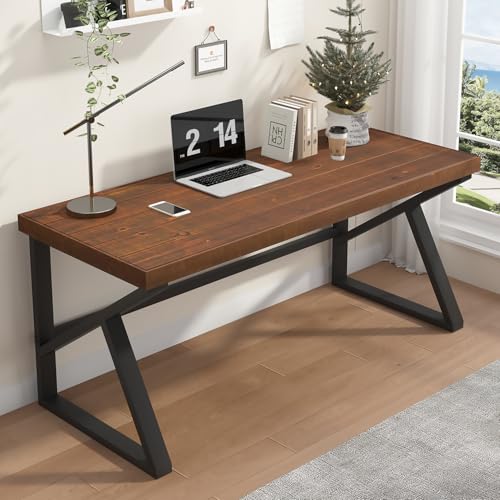 IBF Natural Real Wood Computer Desk, Rustic Writing Study Table for Student, Solid Wooden and Metal Gaming Home Office Desk, Farmhouse Industrial Modern Executive Work Desk Workstation, Brown - WoodArtSupply