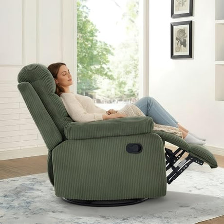 GAOHAPY Rocking Recliner Chair,Modern Swivel Glider Recliner Chair,Corduroy Fabric Upholstery Recliner,Manual Reclining Sofa Chair for Living Room,Office,Apartment (Green) GAOHAPY