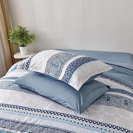 Cottolester Boho Comforter Set King Size Light Blue Comforter Set 8 Piece Bed in a Bag Striped Paisley Bedding Sets Cottolester