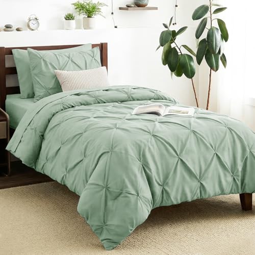 CozyLux Twin Comforter Set with Sheets Sage Green, 5 Pieces Pintuck Bed in A Bag, Twin Bed Set Gift for Family, Pinch Pleat Bedding Set with Comforter, Sheets, Pillowcase & Sham CozyLux