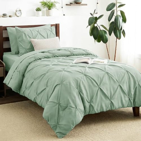 CozyLux Twin Comforter Set with Sheets Sage Green, 5 Pieces Pintuck Bed in A Bag, Twin Bed Set Gift for Family, Pinch Pleat Bedding Set with Comforter, Sheets, Pillowcase & Sham CozyLux