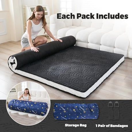 Zelladorra Japanese Floor Mattress, Quilted Futon Mattress with Anti-Slip Bottom, Foldable Floor Bed with Storage Bag and Straps, (Black, Twin) Zelladorra