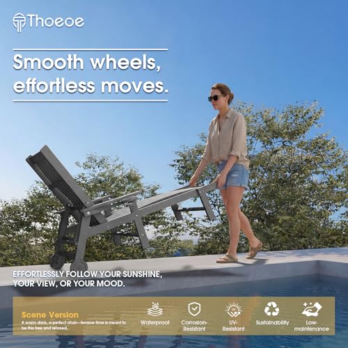 THOEOE Patio Chaise Lounge Chair Set of 2, Lounge Chair Outdoor with 5 Positions, HDPE, Patio Lounge Chair with Wheels & Cup Holder for Pool, Deck, Poolside,Grey