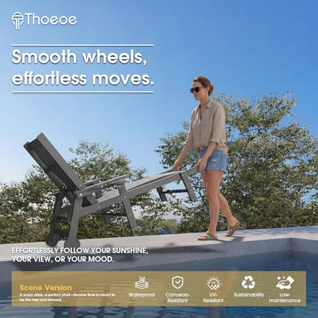 THOEOE Patio Chaise Lounge Chair Set of 2, Lounge Chair Outdoor with 5 Positions, HDPE, Patio Lounge Chair with Wheels & Cup Holder for Pool, Deck, Poolside,Grey THOEOE