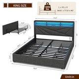 Driftalia King Size Bed Frame with 4 Storage Drawers, Upholstered King Bed Frame with Charging Station and LED Lights Headboard, No Box Spring Needed, Easy Assembly - Dark Grey Driftalia