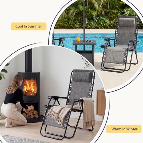 Sweetcrispy Zero Gravity Chairs, Set of 2 Portable Recliner Beach Camping Patio Outdoor Folding Lounge Chair with Cup Holder Trays and Adjustable Pillow for Poolside, Garden, Backyard, Lawn (Grey) Sweetcrispy
