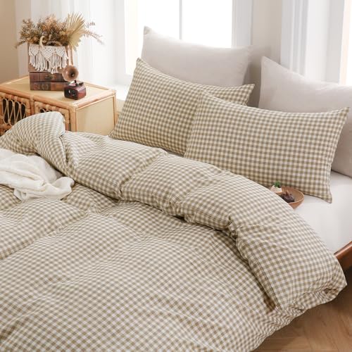 YHJWW Brown Gingham Duvet Cover Bedding Set Prewashed Extra Soft Comfy Breathable 3 Piece Plaid Checkered Grid Vintage Comforter Cover Set Cute Aesthetic (King 104"x90", No Comforter) YHJWW