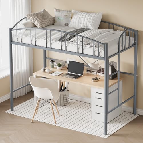 Garvee Loft Bed Twin Size with Ladde and Arched Guardrail, Heavy Duty Metal Loft Bed Frame for Kids and Adults, Sturdy Steel Slats Support, Small Space Saving Design, No Box Spring Needed, Gray Garvee