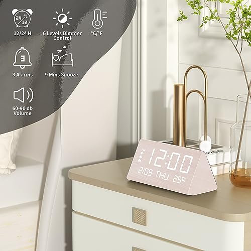 JALL Digital Alarm Clock, with Wooden Electronic LED Time Display, 3 Alarm Settings, Weekday/Weekend Mode, Temperature Detect, Wood Made Electric Clocks for Office, Bedroom, Bedside JALL