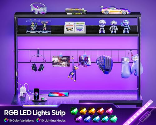 AODK L Shaped Gaming Desk with 4 Drawers, 59" Reversible Computer Desk with Hutch and Shelves, Gamer Desk with LED Lights, Power Outlets, Home Office Corner Desk with Gird Pegboard, Black AODK