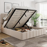 Gas Lift Up Storage Platform Bed, Upholstered Bed Frame with Hydraulic Storage System and Wooden Slat Support, Queen Size, Beige Merax