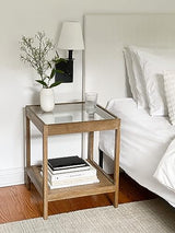 Nathan James 33301 Hayes Solid Wood Nightstand, Bedside, End or Side Table in Light Brown Wood Finish & Glass Top with Open Storage Shelf, 18 in x 18 Nathan James