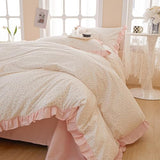 Pink Floral Duvet Cover Queen Chic Flower Print Ruffle Duvet Cover Cotton Lace Comforter Cover Country Style Floral Bedding Set Girls Ruffle Comforter Cover Flower Queen Duvet Cover with 2 Pillowcases LifeTB