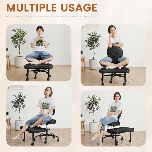 Shahoo Ergonomic Cross Legged Office Chair with Wheels - Adjustable Height Kneeling Meditation Chairs for ADHD, Yoga & Desk Work - Wide Criss Cross Seat with Lumbar Support, (Faux PU,Black) Shahoo