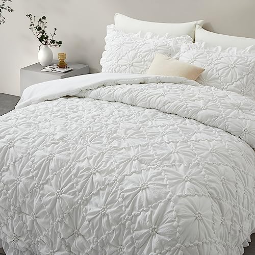 BEDAZZLED Queen Size Comforter Sets, White Bedding Comforter Set, 3 Pieces Pinch Pleat Bedding Sets with Comforter and Pillowcases Soft Farmhouse Shabby Chic Comforter for All Season BEDAZZLED