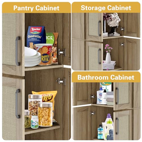 Jheumaj Storage Cabinet - Kitchen Pantry Cabinet, Tall Bathroom Storage Cabinet Freestanding with 4 Rattan Doors and Adjustable Shelves, Cupboard Cabinet for Dining Living Room Laundry Room, Wood