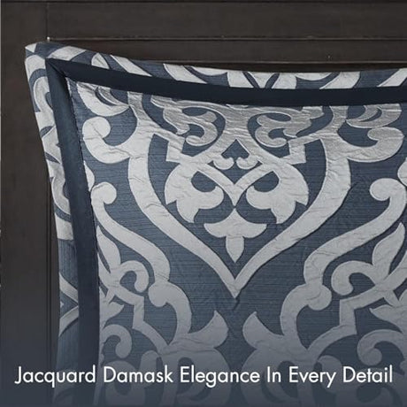 Madison Park Odette Cozy Comforter Set Jacquard Damask Medallion Design - Modern All Season, Down Alternative Bedding, Shams, Decorative Pillows, King(104 in x 92 in), Navy 8 Piece Madison Park