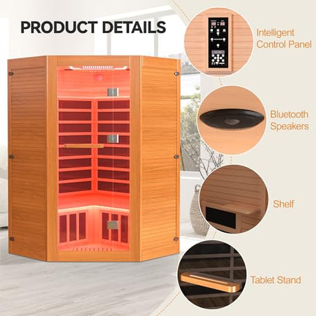 HUGROVE 2-3 Person Low EMF FAR Infrared Sauna for Home, Indoor Canadian Hemlock Dry Heat Sauna Kit with Bluetooth Speakers, LED Lights & Smart Control Panel HUGROVE