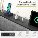 STHYTON Floating Bed Frame Queen, Platform Bed with LED Lights & Charging Station, Ergonomic Storage Headboard, Heavy Duty Metal Slats, No Box Spring Needed, Easy Assembly, Dark Gray STHYTON