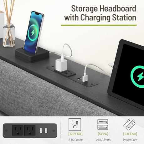 STHYTON Floating Bed Frame Queen, Platform Bed with LED Lights & Charging Station, Ergonomic Storage Headboard, Heavy Duty Metal Slats, No Box Spring Needed, Easy Assembly, Dark Gray STHYTON