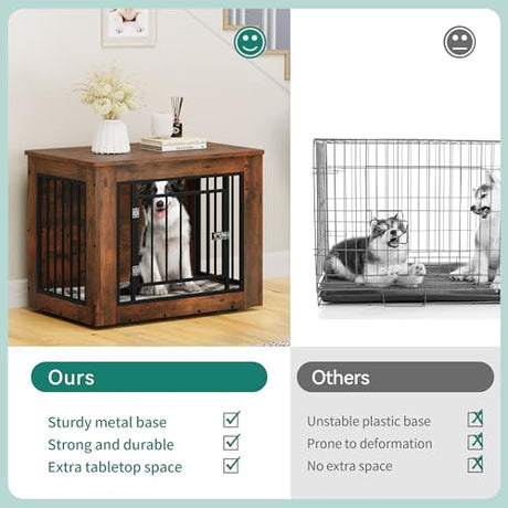 YITAHOME 32.5" L Dog Crate Furniture for Medium Dogs, 2-in-1 Iron-Wood Fusion Dog cage Indoor up to 40 lb, Side End Table, Modern Dogs Kennel with Waterproof Top, Safety Corners,Steel Lock,Rustic YITAHOME