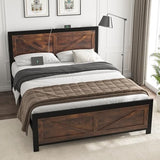 DOGIBIXO Led Bed Frame King Size with USB Charging Station, Industrial Platform Bed Frame with Farmhouse Barn Door Headboard, Strong Metal Slats Support, Noise Free, No Box Spring Needed, Brown DOGIBIXO