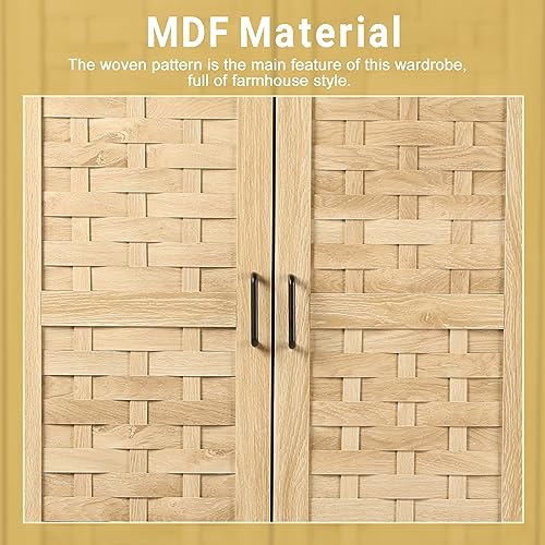 LEVNARY Armoire Wardrobe Closet with 2 Woven Doors, Wardrobe Cabinet with 2 Storage Drawers and Hanging Rail, Freestanding Wooden Closet for Bedroom (Natural) LEVNARY