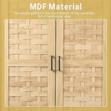 LEVNARY Armoire Wardrobe Closet with 2 Woven Doors, Wardrobe Cabinet with 2 Storage Drawers and Hanging Rail, Freestanding Wooden Closet for Bedroom (Natural) LEVNARY