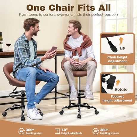 BESTFAIR Drafting Chair with Back, Height Adjustable Rolling Stool with Foot Rest, Tall 360° Swivel Stool PU Leather Chair with Wheels for Home Office, Standing Desk, Brown BESTFAIR