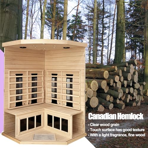 KUNSANA Ceramic Infrared Sauna, 2-3 Person Home Sauna, Canadian Hemlock Indoor Corner Sauna Spa, Wooden Sauna Room, 5 Low EMF Heaters + 4 Ceramic Tubes, Bluetooth Speakers, Chromotherapy Lights KUNSANA