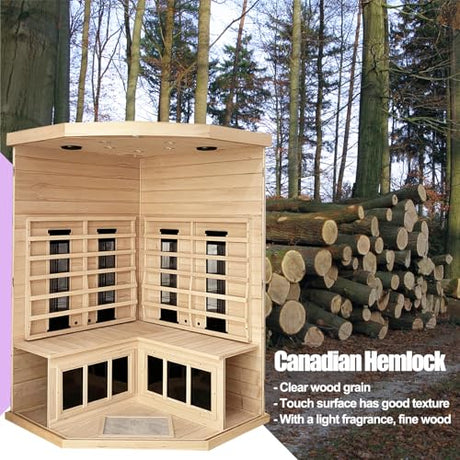 KUNSANA Ceramic Infrared Sauna, 2-3 Person Home Sauna, Canadian Hemlock Indoor Corner Sauna Spa, Wooden Sauna Room, 5 Low EMF Heaters + 4 Ceramic Tubes, Bluetooth Speakers, Chromotherapy Lights KUNSANA