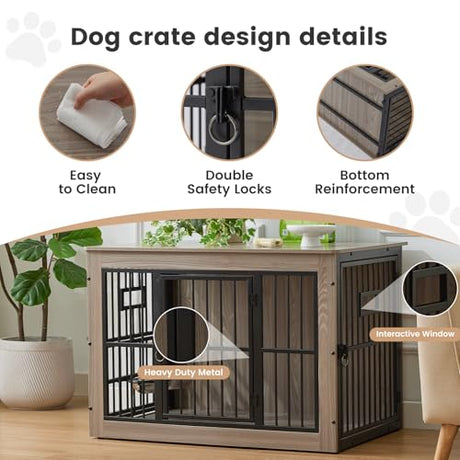 38 Inch Heavy Duty Dog Crate Furniture for Medium Dogs, Decorative Pet House End Table with 3 Doors & Adjustable Bowls, Wooden Cage Kennel Furniture Indoor, Rustic Grey Gardner Pet
