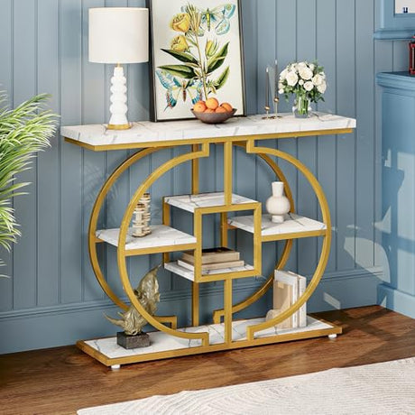 GiftGo Narrow Console Table for Entryway Industrial 4-Tier Sofa Table Behind Couch with Circle Base Rustic Wooden Accent Tables with Storage Shelves for Living Room, Hallway, Foyer (Gold and White) GiftGo