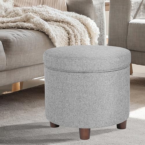 Homepop Home Decor | Upholstered Round Storage Ottoman | Ottoman with Storage for Living Room & Bedroom, Light Gray Tweed Large HomePop