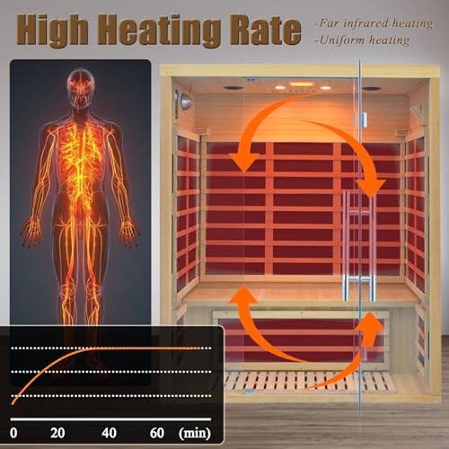 Homsido 2-3 Person Indoor Infrared Sauna, 11 Low EMF Far Infrared Carbon Panel Hemlock Wood Sauna Room Indoor Home Sauna with Tempered Glass Door,Bluetooth Speakers, Chromotherapy Lights(110V, 2100W) Homsido