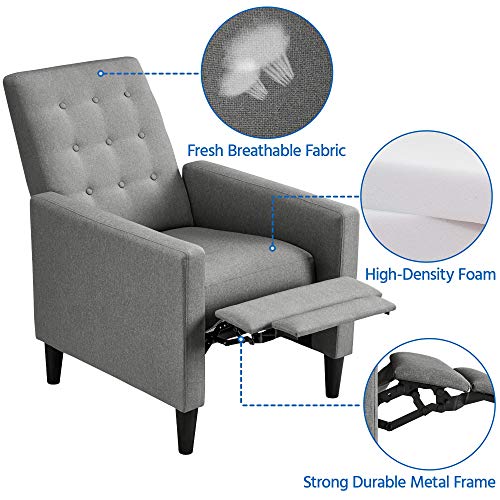 Yaheetech Fabric Recliner Chair with Adjustable Back & Footrest, Mid-Century Modern Accent Armchair Reading Chair, Tufted Upholstered Sofa with Pocket Spring for Living Room Bedroom Gray