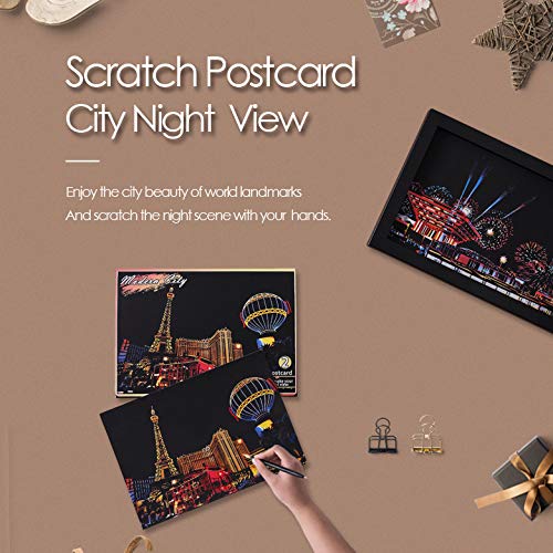 Magic Scratch Art Paper, Mini Envelope Postcard, Rainbow Night View Scratchboard for Adults and Kids, Art & Crafts Set : 16 Sheets Scratch Cards & 8 Tools Drawing Pen, Brush (Travel Around The World) M MUGIT