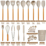 NCUE Kitchen Utensils Set with Holder, 26 pcs BPA Free Non-stick, Wooden Handle Heat Resistance Silicone Spatula Spoon Kitchen Gadgets Cooking Utensils Set (Khaki) NCUE
