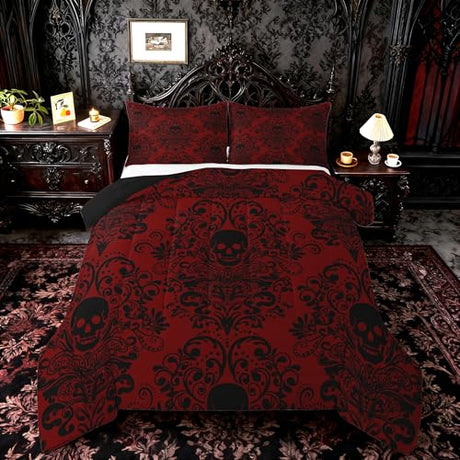 Feelyou Adults Gothic Skull Bedding Set Queen Size Kids Damask Print Comforter Goth Bohemian Duvet Breathable Soft Lightweight Microfiber Black Red Room Decor with 2 Pillowcases Feelyou