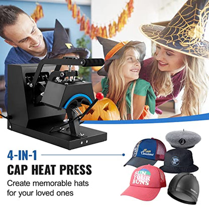 VEVOR Hat Heat Press with 4pcs Interchangeable Platens(6"x3"/6.7"x2.7"/6.7"x3.8"/8.1"x3.5"), Cap Heat Press for Stuctured Hats, Rigid Steel Frame No Stick Digital LCD Timer and Temperature Control