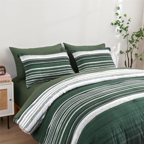 KAKIJUMN 7 Piece Bed in a Bag Stripe Comforter Set Full Size, White Grey Green Patchwork Striped Comforter and Sheet Set, All Season Soft Microfiber Complete Bedding Sets(Dark Green,Full) KAKIJUMN