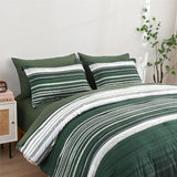 KAKIJUMN 7 Piece Bed in a Bag Stripe Comforter Set Full Size, White Grey Green Patchwork Striped Comforter and Sheet Set, All Season Soft Microfiber Complete Bedding Sets(Dark Green,Full) KAKIJUMN
