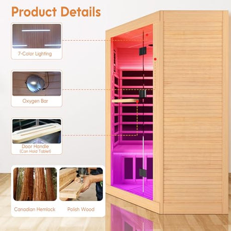 Indoor Sauna Two Person Far Infrared Saunas for Home 1 - 3 Person Wood Sauna Canadian Hemlock 2180W/110V Low EMF Dry Sauna Room with Oxygen Bar/7 Color Therapy/9 Heating Plates/Control Panel/Speaker HOSAUNA