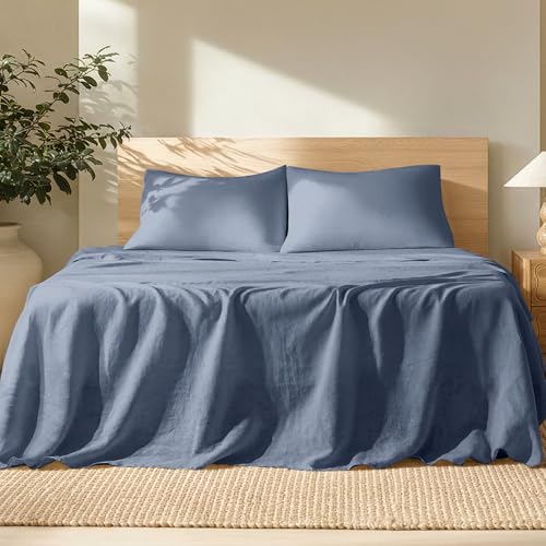 Bare Home Twin Extra Long Sheet Set - Luxury 100% European Linen - Deep Pockets - Easy Fit - 3 Piece Set - Bedding Sheets & Pillowcases (Twin XL, Indigo) Bare Home