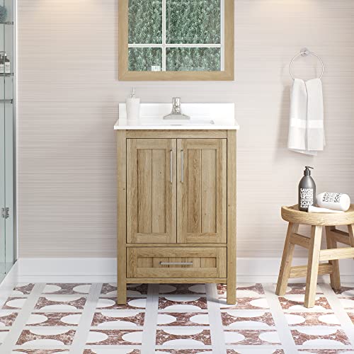 OVE Decors Kansas 24" Single Sink Bathroom Vanity Set with Countertop, Fully-Assembled | Ceramic Sink and Backsplash Included | 02 Doors, 01 Drawer, 24 inches, White Oak OVE Decors